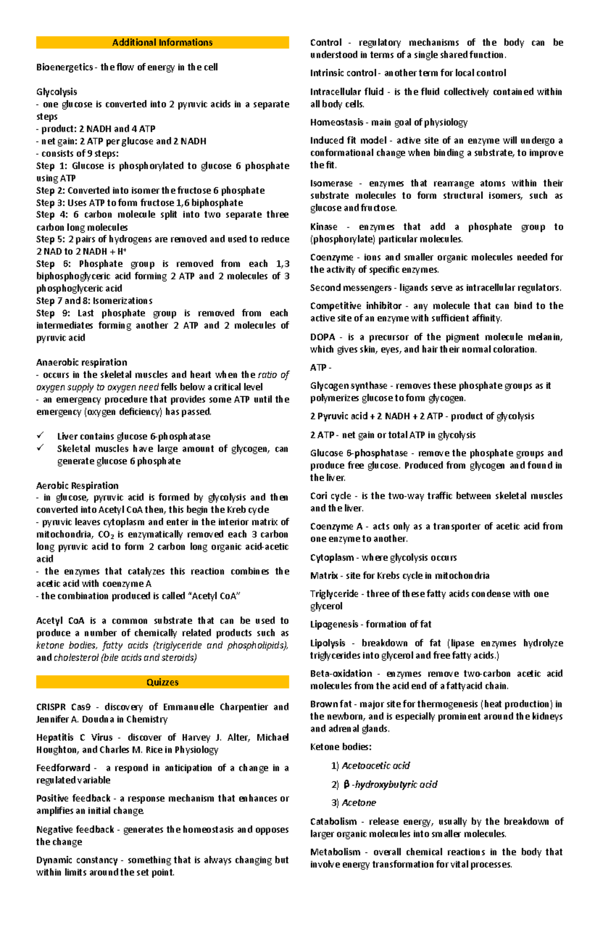 BIO108 Additional Informations - Additional Informations Bioenergetics ...