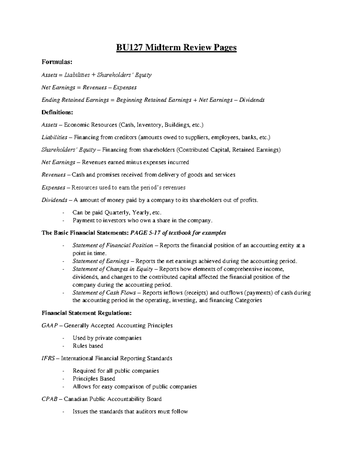 BU127 Midterm 1 Review Pages - BU127 Midterm Review Pages Formulas ...