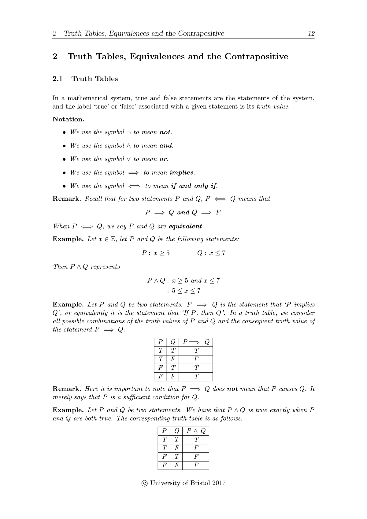 Math10004 2017 2018 Lecture Notes 2 Truth Tables Equivalences