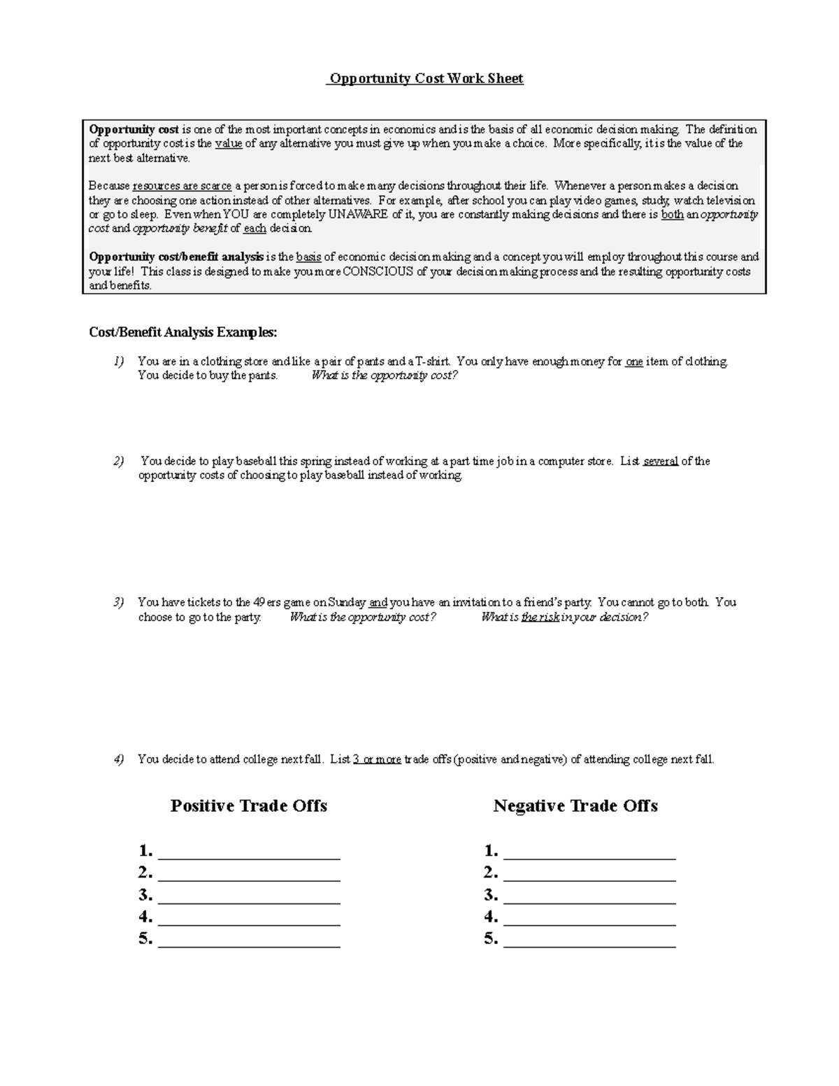 External Opportunity COST Worksheet Opportunity Cost Work Sheet 