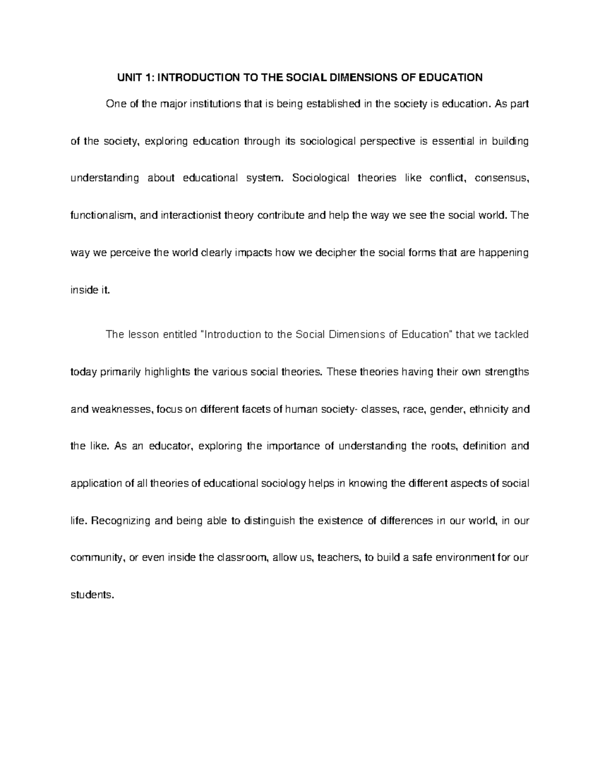 First 101 - Grade: A - UNIT 1: INTRODUCTION TO THE SOCIAL DIMENSIONS OF ...