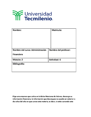 Actividad 5 Administracion Financiera - Nombre: Matrícula: Nombre del ...