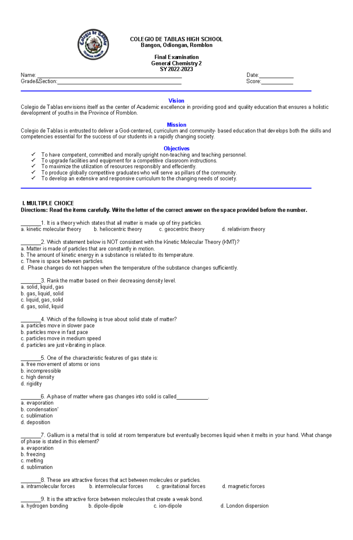 Genchem 12 - Exam in General chemistry - COLEGIO DE TABLAS HIGH SCHOOL ...
