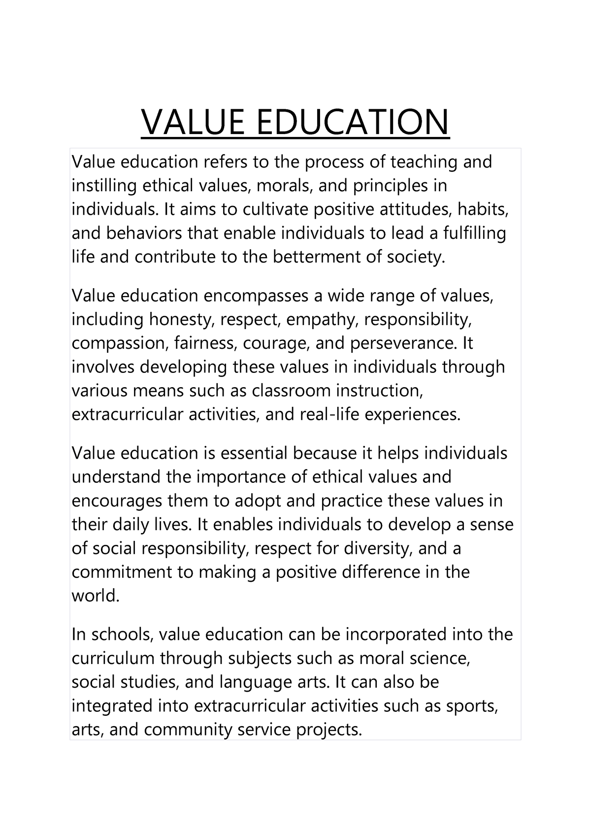 value education research paper