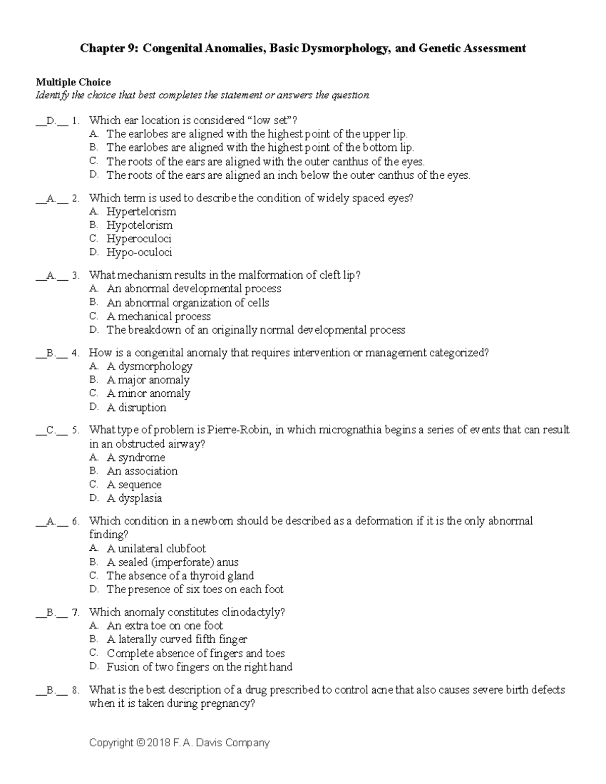 Genetics - Practice Questions - CH9 - Chapter 9: Congenital Anomalies ...