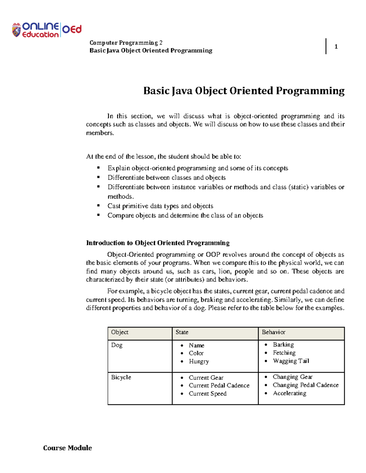 Basic Java Object Oriented Programming - Object-Oriented Programming ...