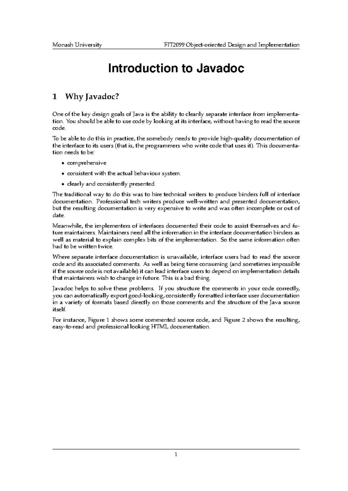 JAVA docs - FIT2099 Java docs Note - Introduction to Javadoc 1 Why ...