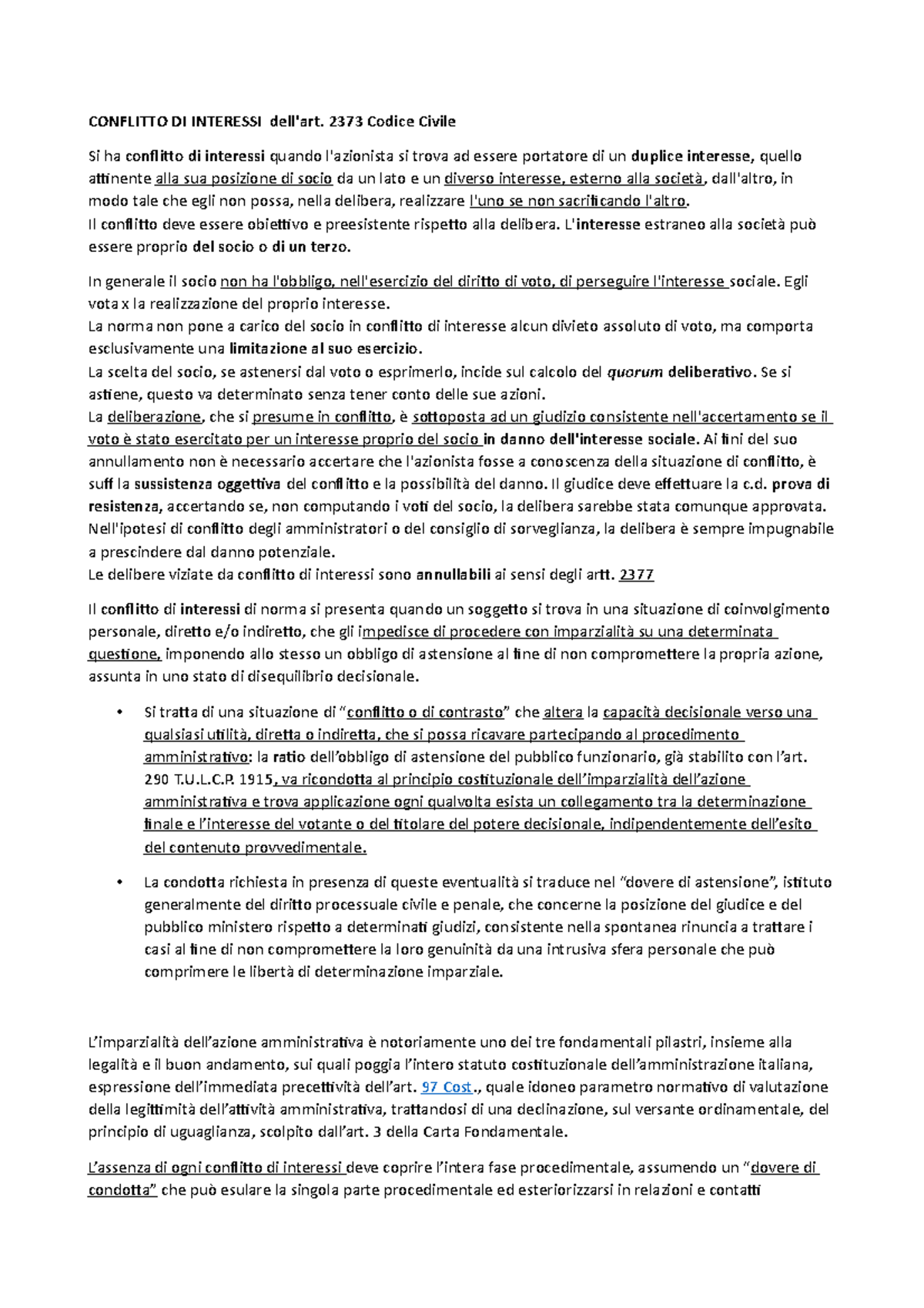 Conflitto DI Interessi . diritto commerciale CONFLITTO DI INTERESSI dell'art. 2373 Codice