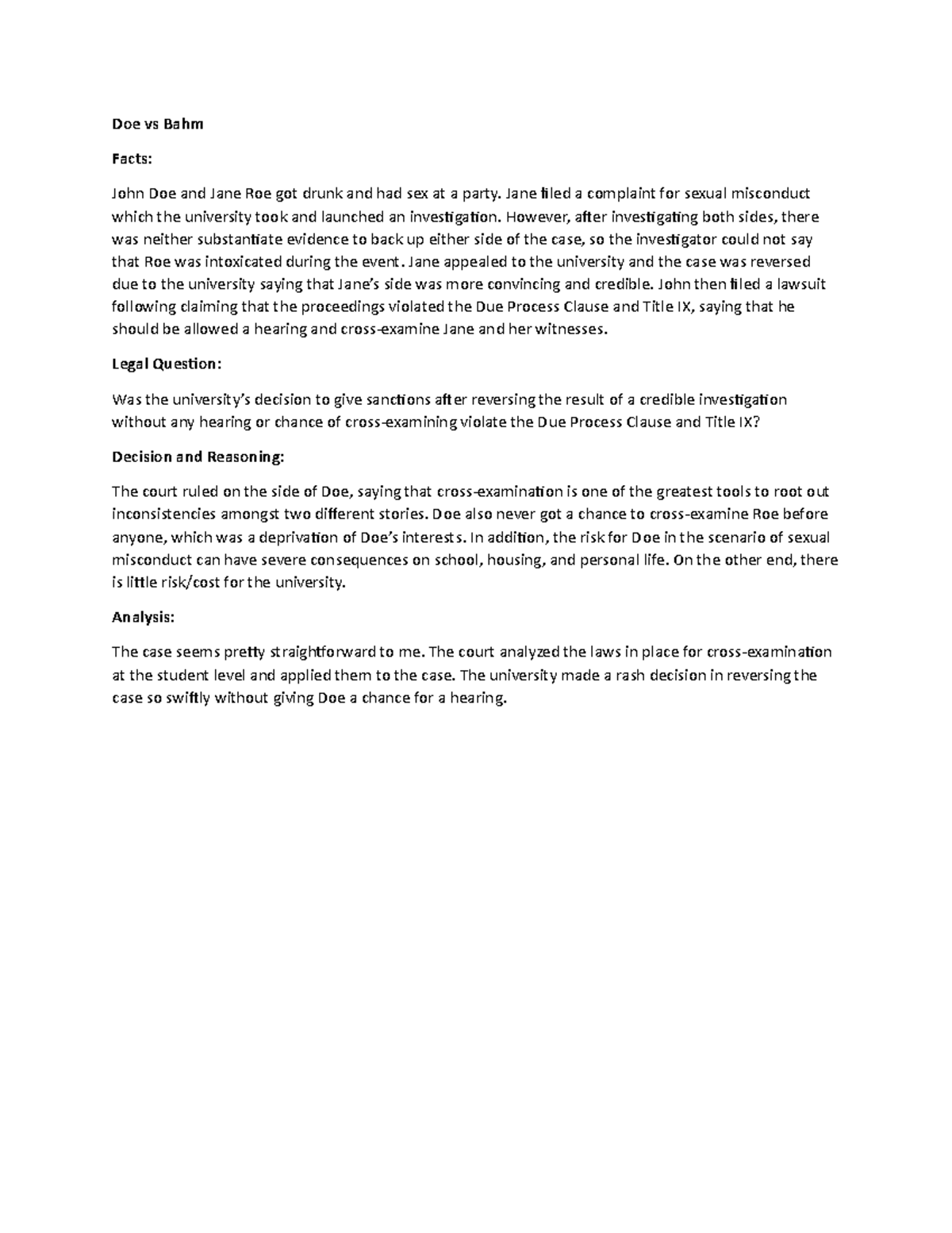 9.24 case brief - Doe vs Bahm Facts: John Doe and Jane Roe got drunk ...