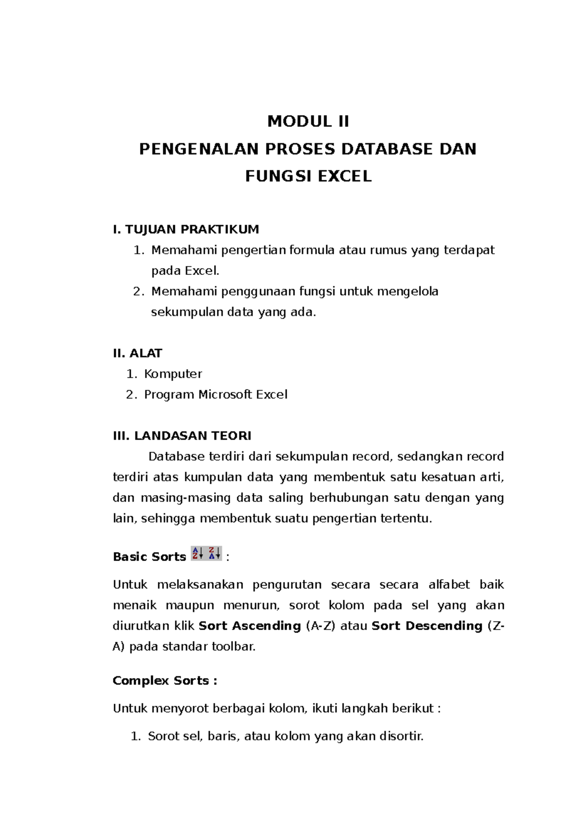 Modul II Excel - MODUL II PENGENALAN PROSES DATABASE DAN FUNGSI EXCEL I ...