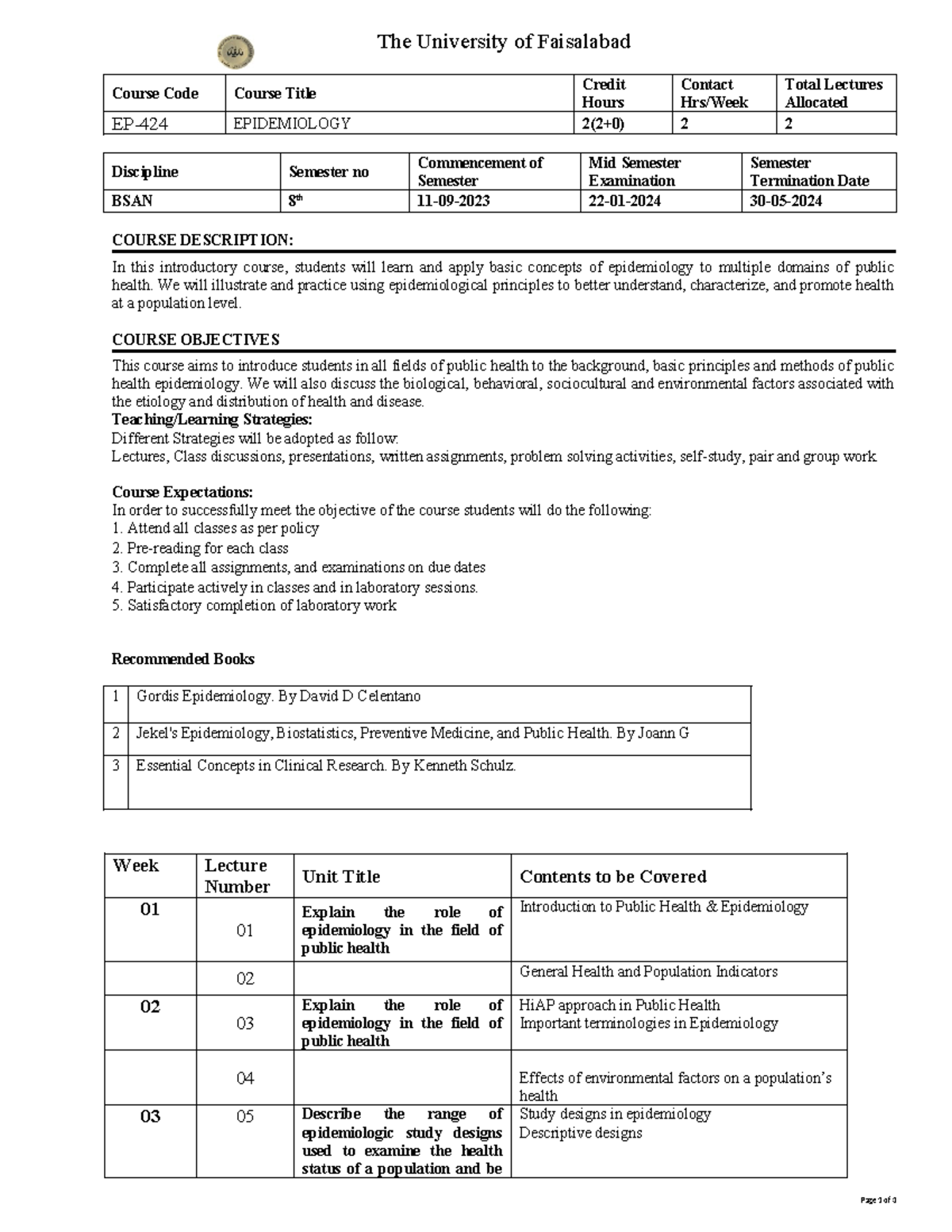 Epidemiology course outline-1 - The University of Faisalabad Course ...