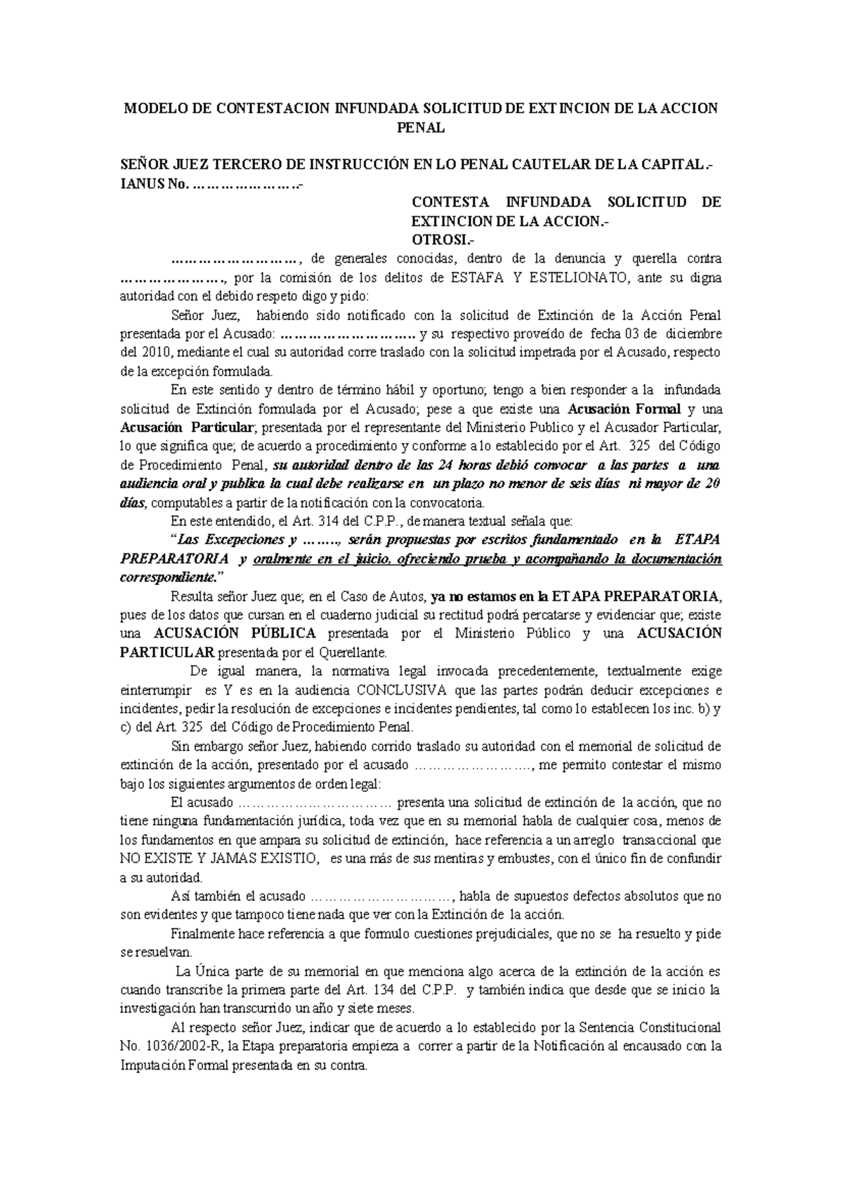 Contestacion Infundada Solicitud DE Extincion DE LA Accion Penal ...