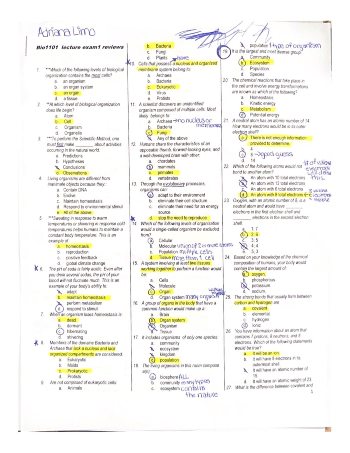 Bio1101 Lecture EXAM 1 Review Packet - Adrianal Limo Bio1101 Lecture ...