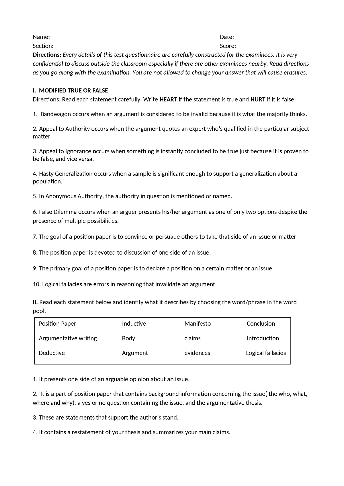 Quizz - mnnk - Name: Date: Section: Score: Directions: Every details of 