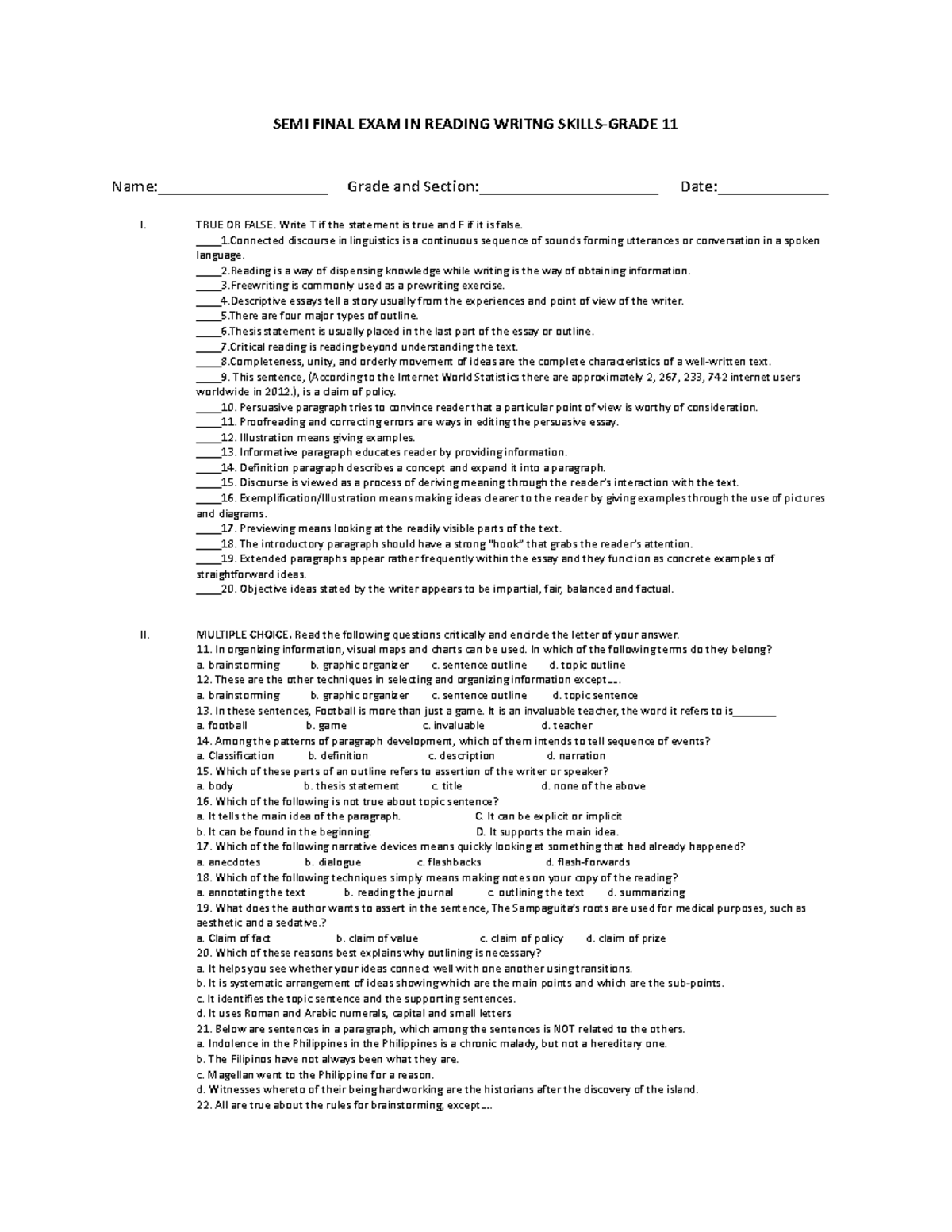 Third quarter exam in RWS SEMI FINAL EXAM IN READING WRITNG SKILLS