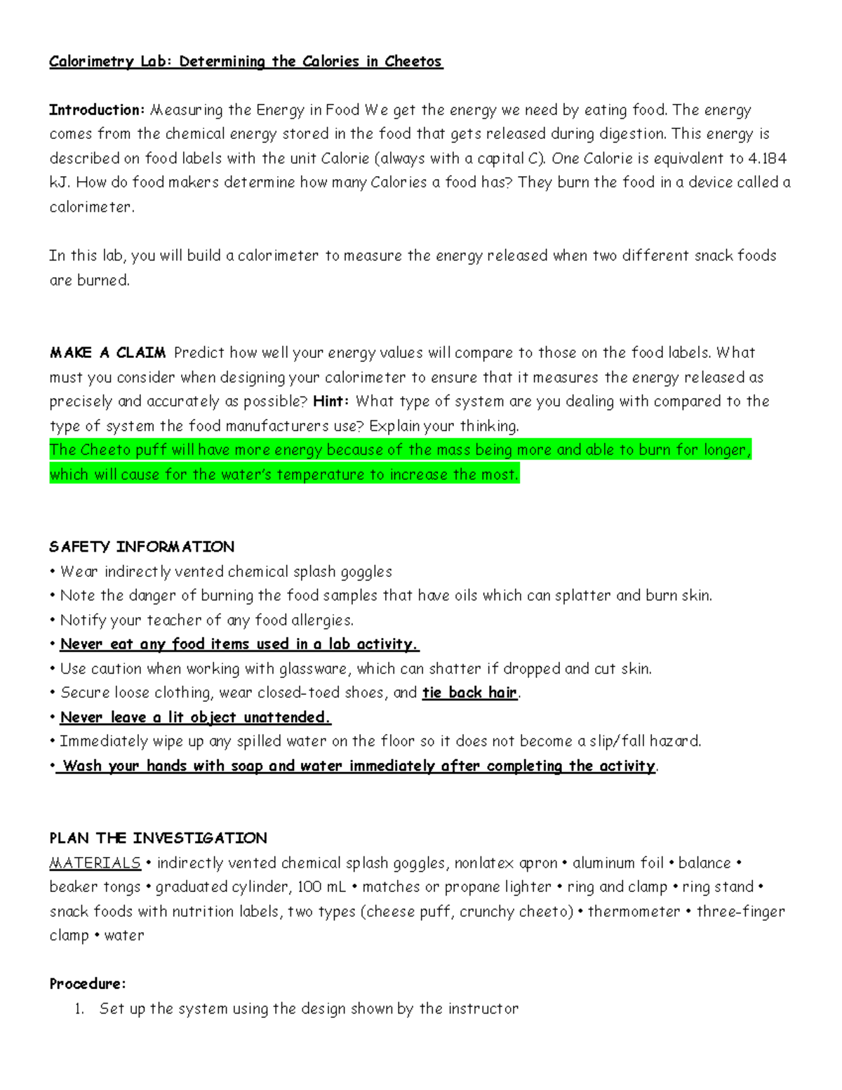 Copy of Calorimetry Lab Determining the Calories in Cheetos