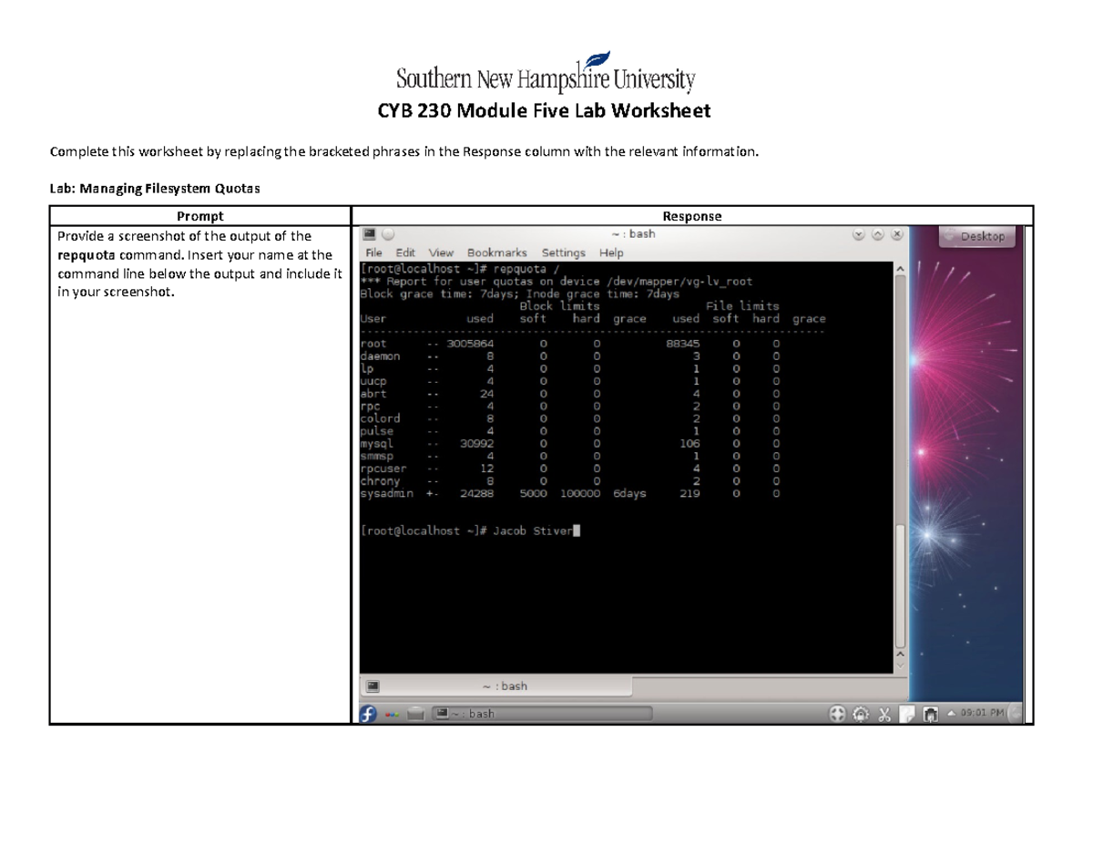 CYB 230 Module Five Lab Lab Managing Filesystem Quotas Prompt
