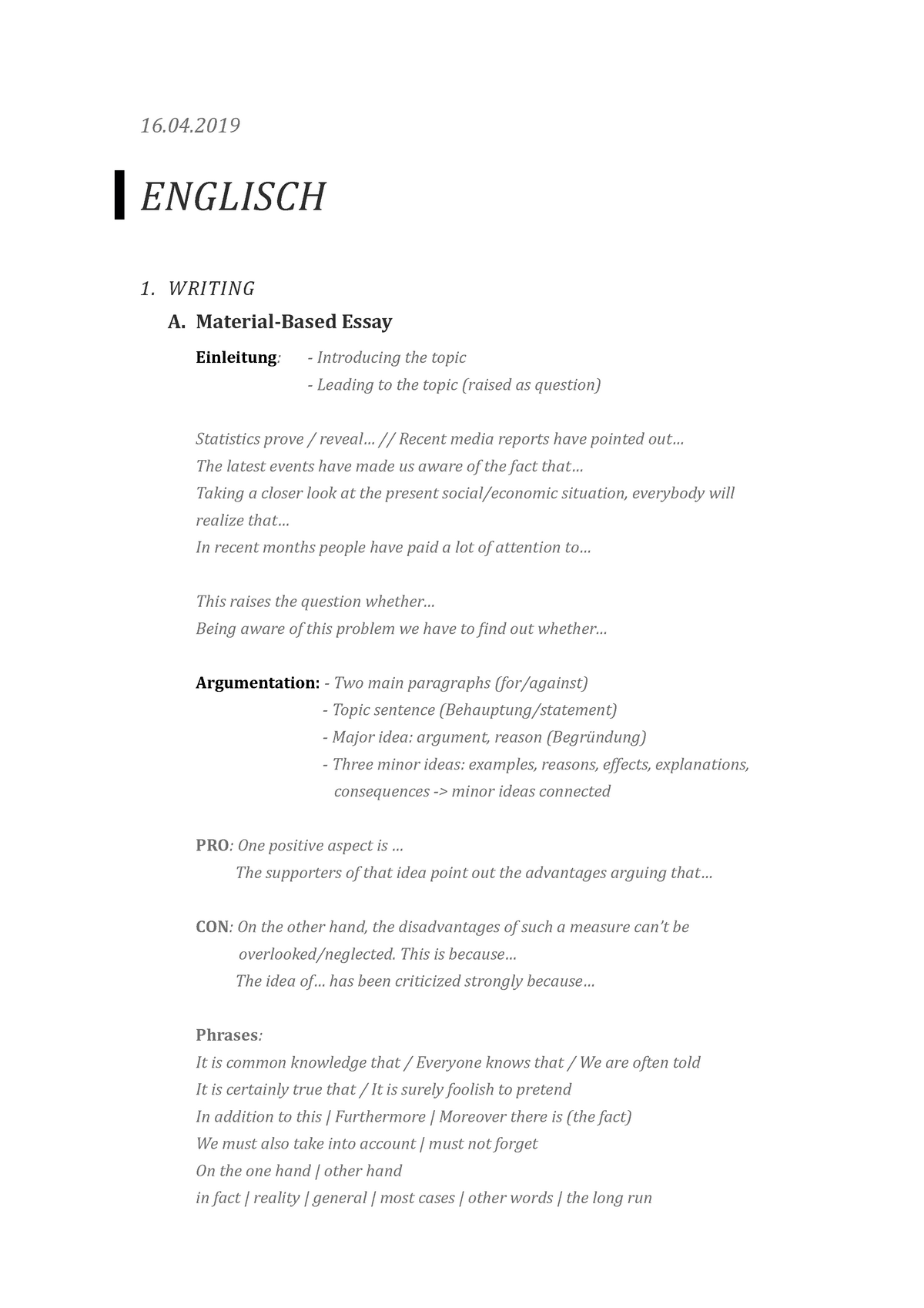 Englisch Writing 16.04 ENGLISCH 1. WRITING A. MaterialBased Essay