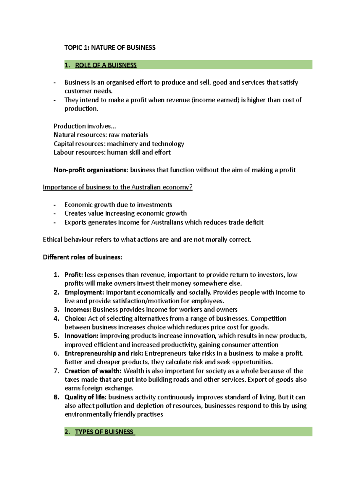 Topic 1 - Nature Of Business - TOPIC 1: NATURE OF BUSINESS 1. ROLE OF A ...