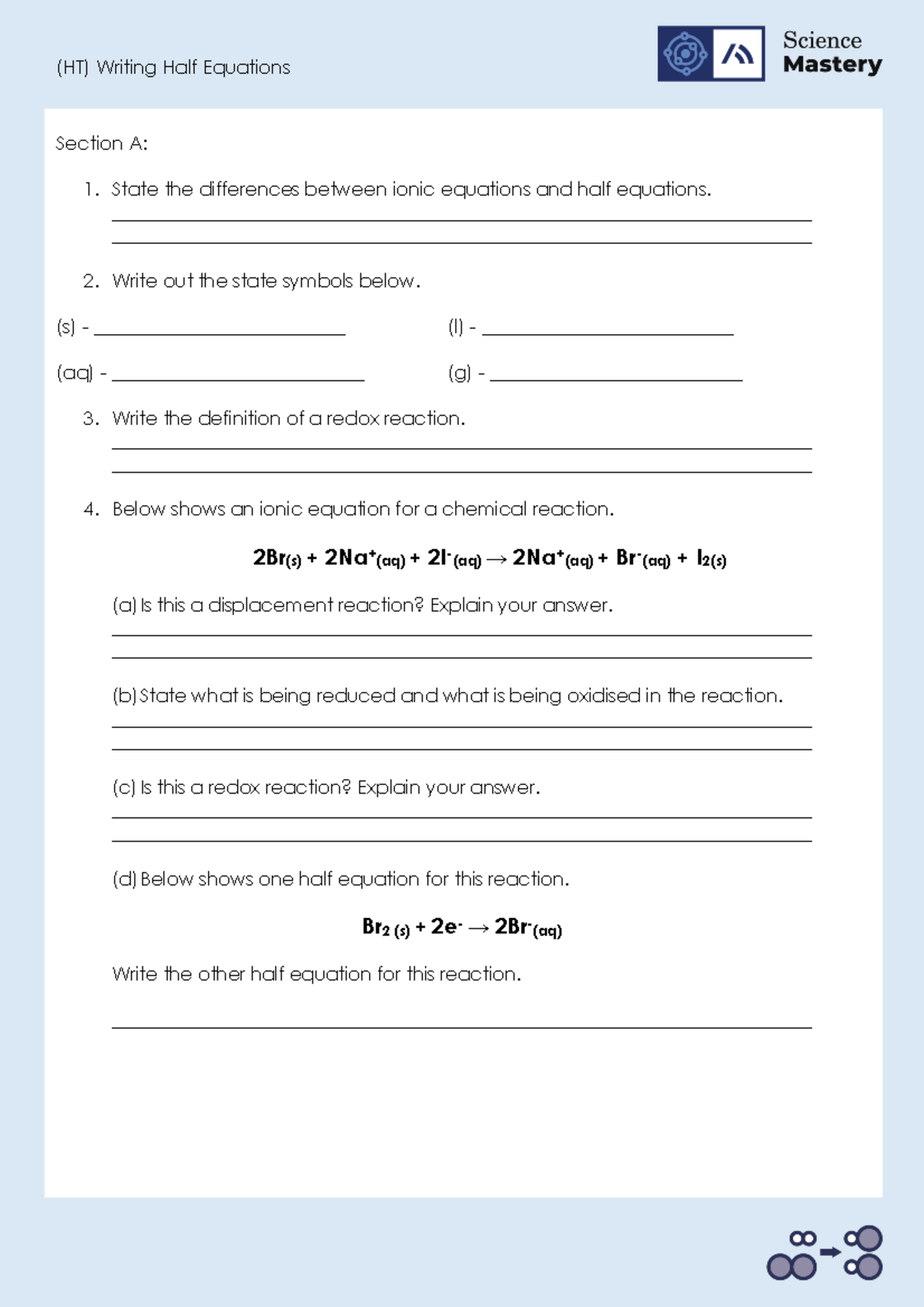 C425 Ht Writing Half Equations Worksheet Ht Writing Half Equations Section A 1 State 9001