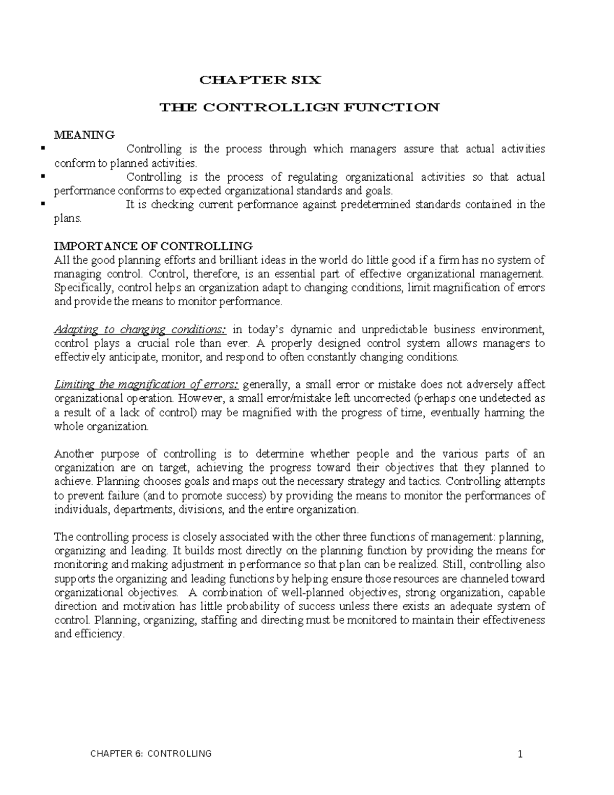 Chapter 7 - CHAPTER SIX THE CONTROLLIGN FUNCTION MEANING Controlling is ...