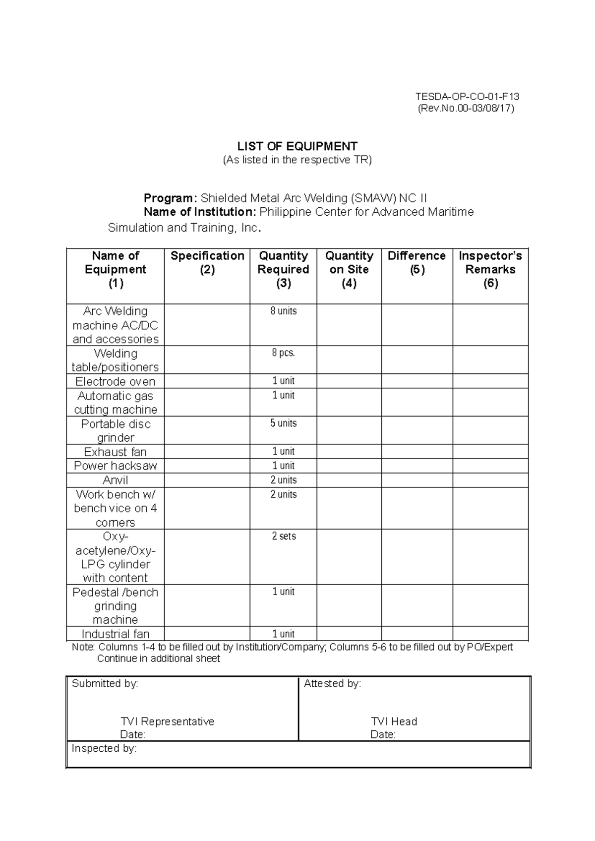 F13 - List of Equipment - welding forms - TESDA-OP-CO-01-F (Rev.No-03 ...