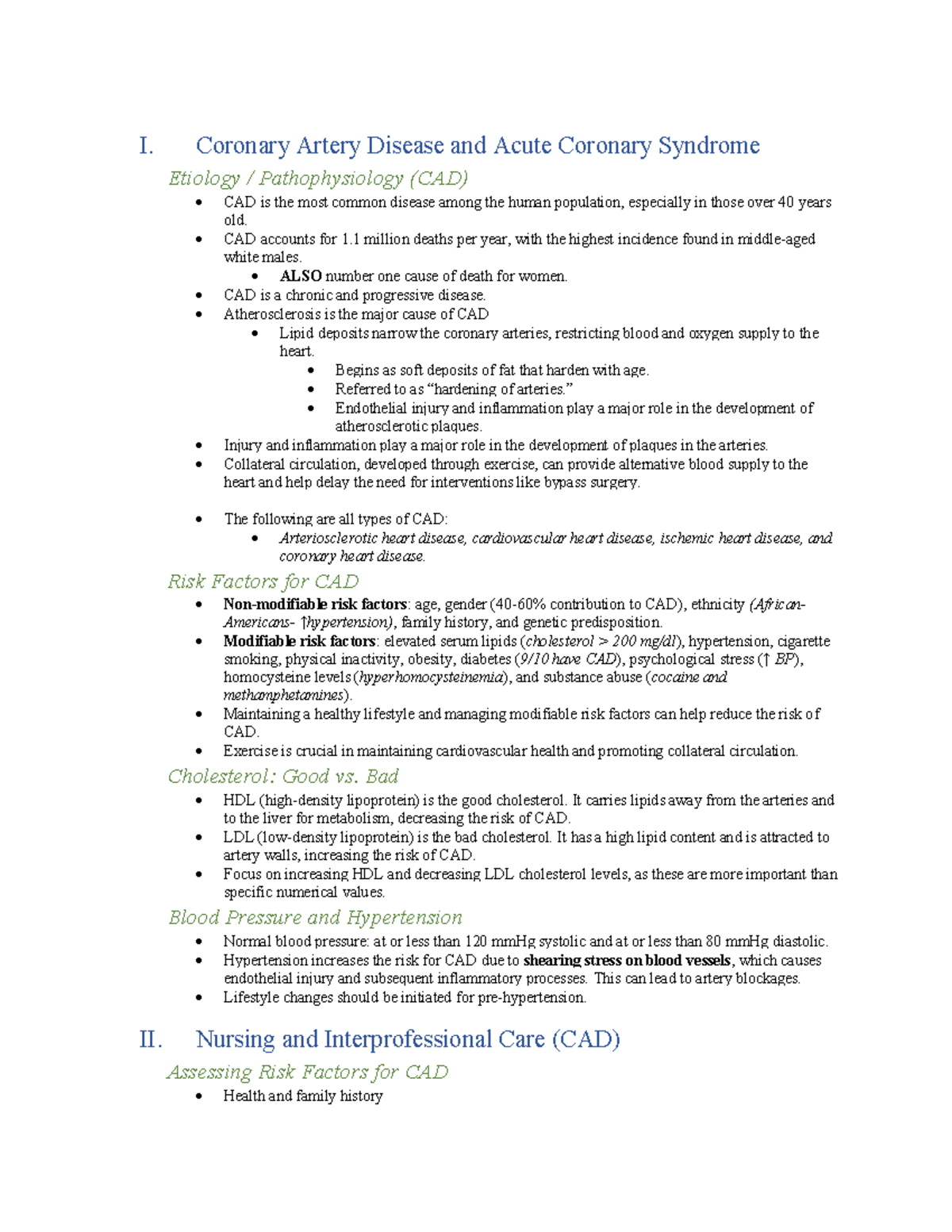 Nursing level 2 Cardiac Disorders lewis’s I. Coronary Artery Disease
