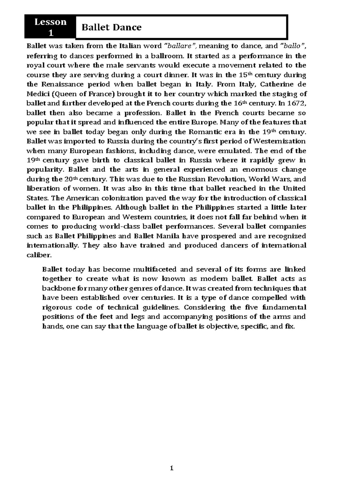 Notes IN Ballet, Modern AND Hiphop Ballet was taken from the Italian