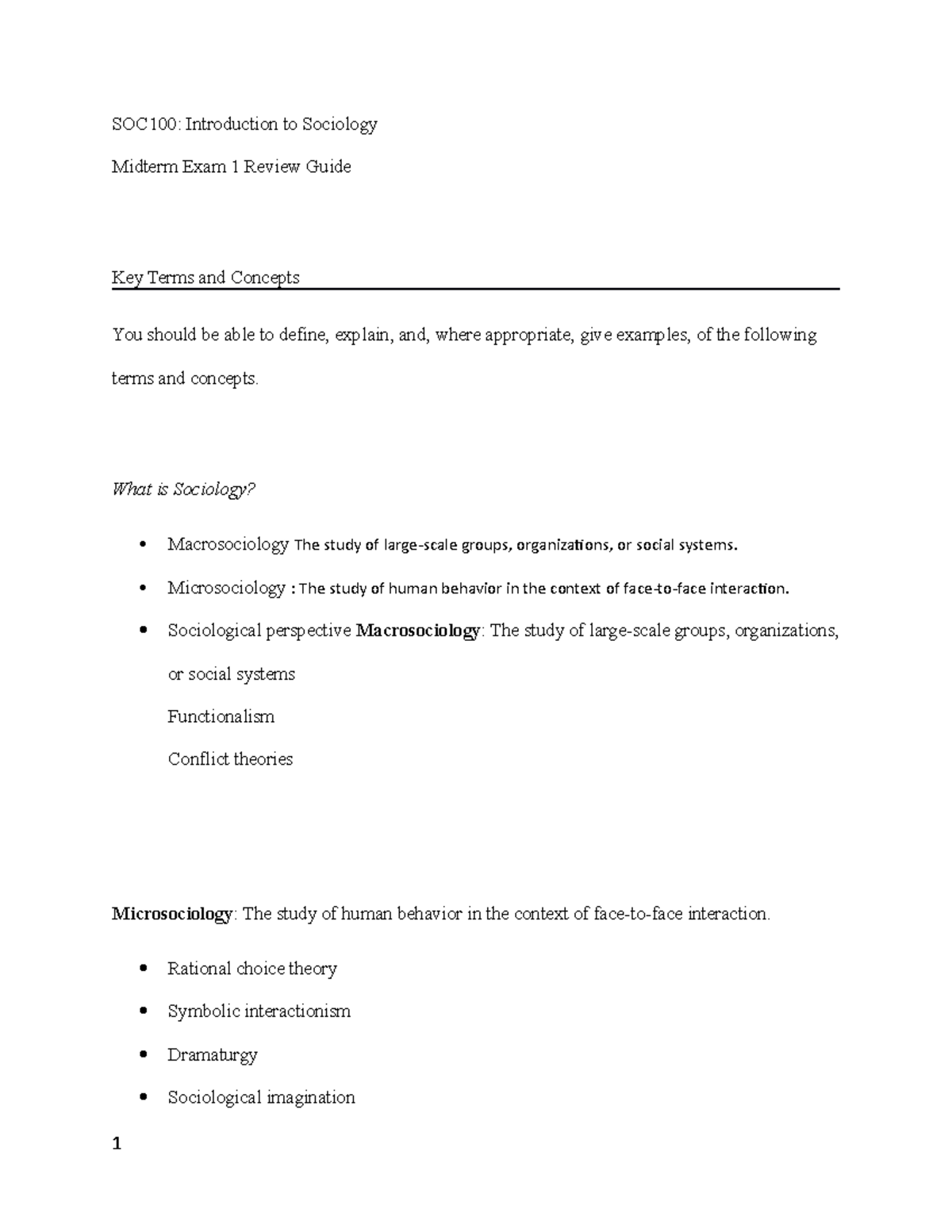 Review Guide Midterm 1 Spring 23 - SOC100: Introduction to Sociology ...