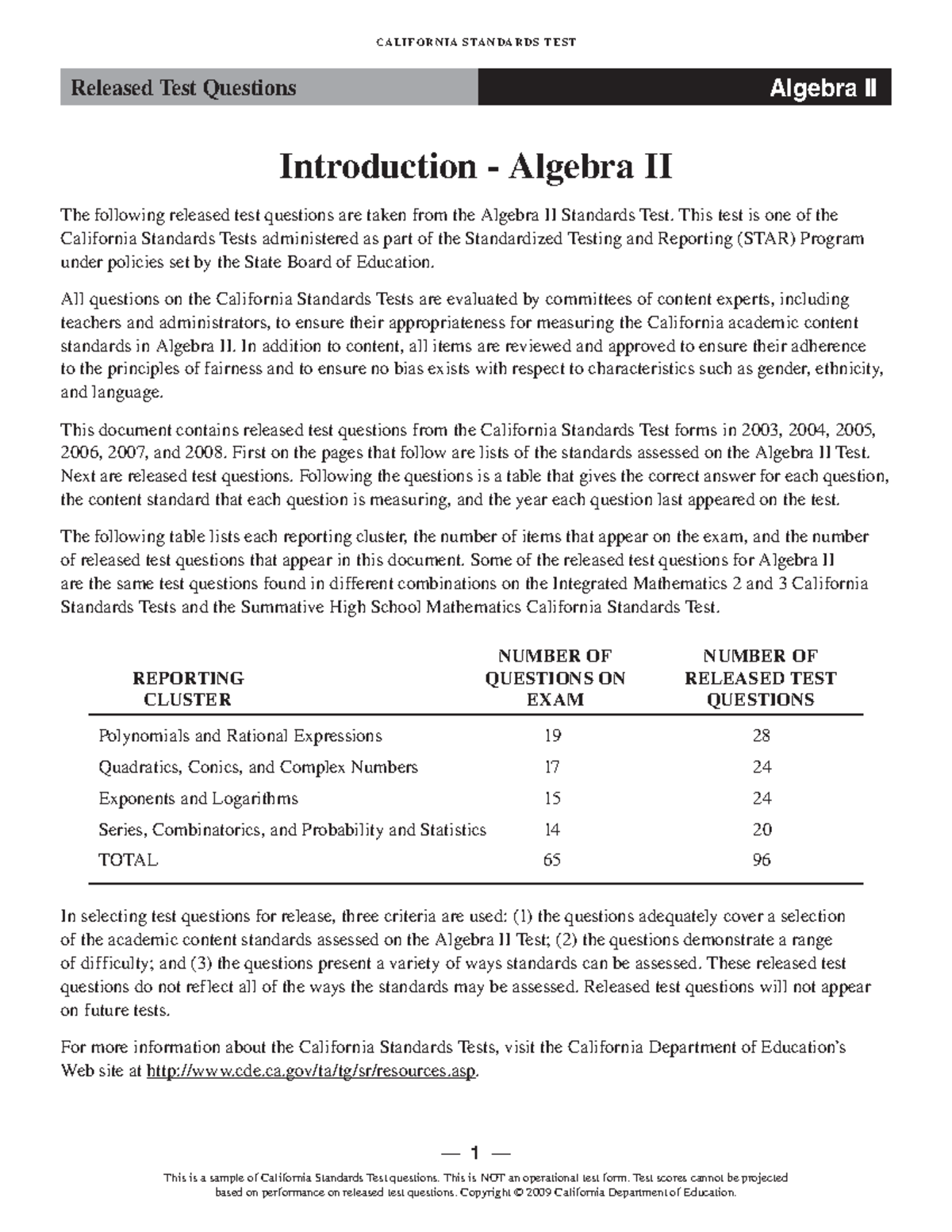 CST Algebra 2 - Practice test - Released Test Questions Algebra II ...
