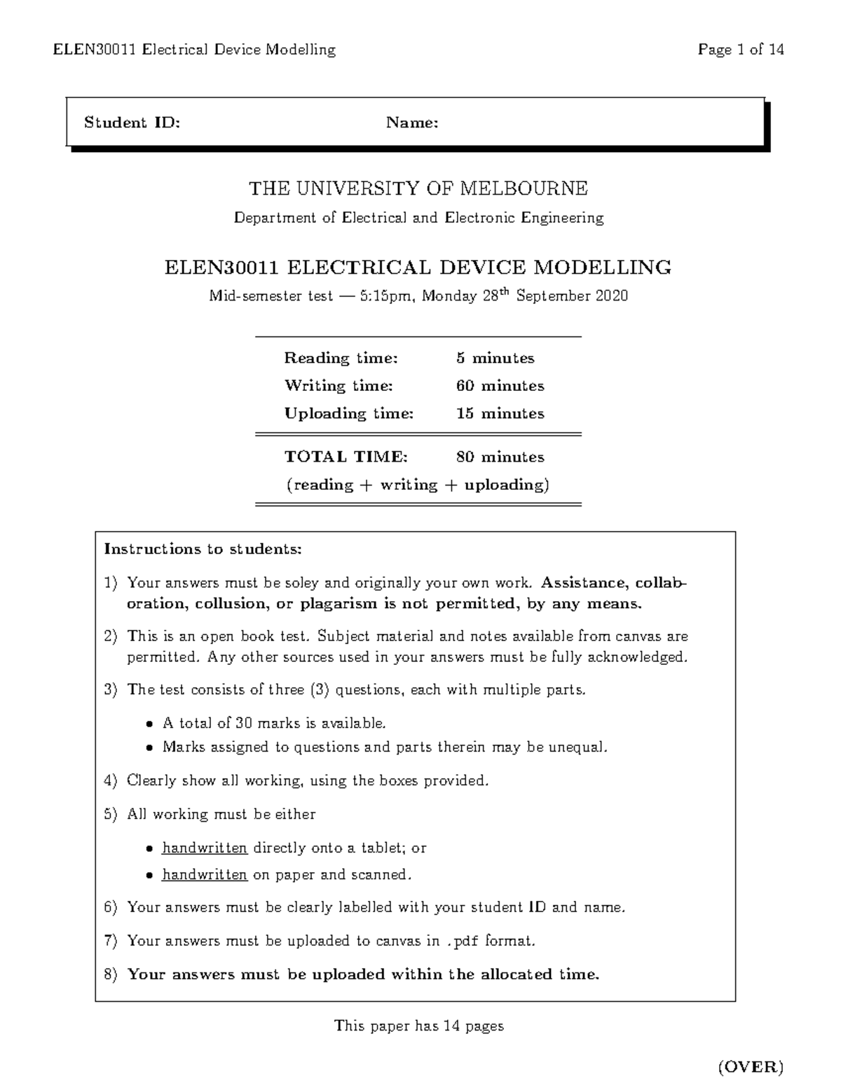 2020 Mid-semester Test - Student ID: Name: THE UNIVERSITY OF MELBOURNE ...