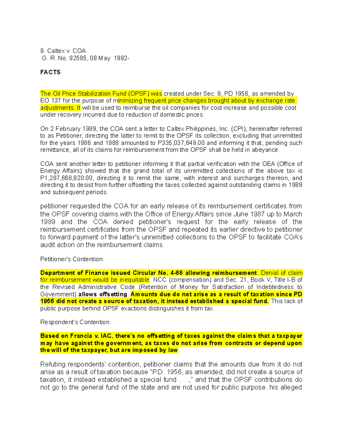 9. Caltex vs COA - Case Digest - 9. Caltex v. COA G. R. No. 92585, 08 ...