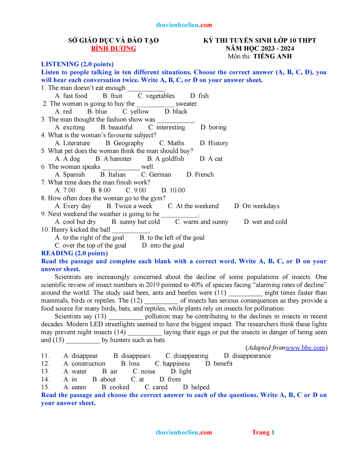 Thuvienhoclieu - Practice test - SỞ GIÁO DỤC VÀ ĐÀO TẠO KỲ THI TUYỂN ...