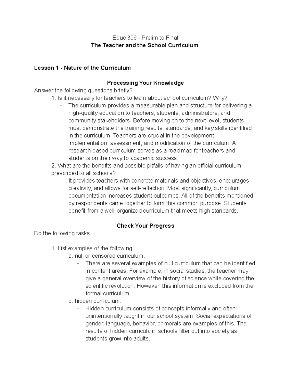 Educ 306 - Module answer. - Educ 306 - Prelim to Final The Teacher and ...