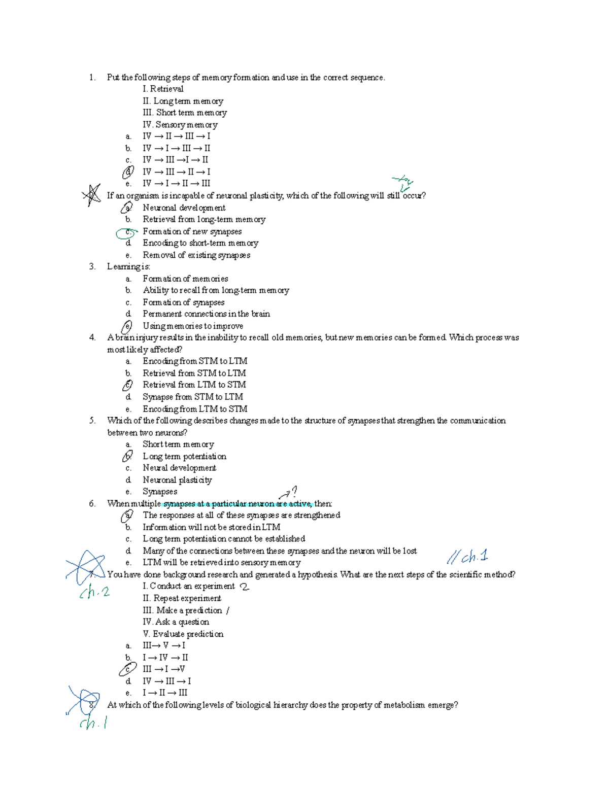 1 - 2 - Exam 1 and 2 - Put the following steps of memory formation and ...