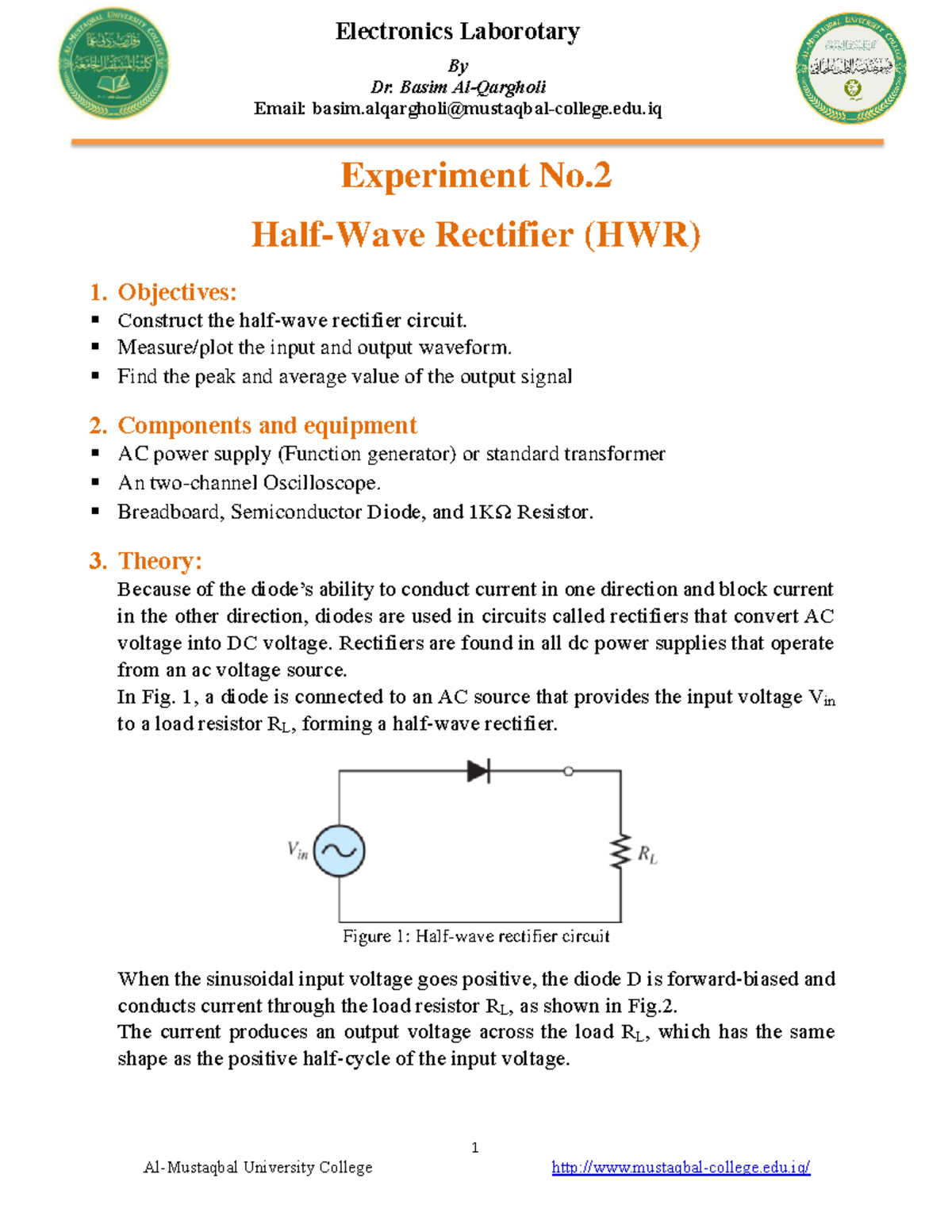 Half Wave - EEE - 1 Al-Mustaqbal University College mustaqbal-college ...