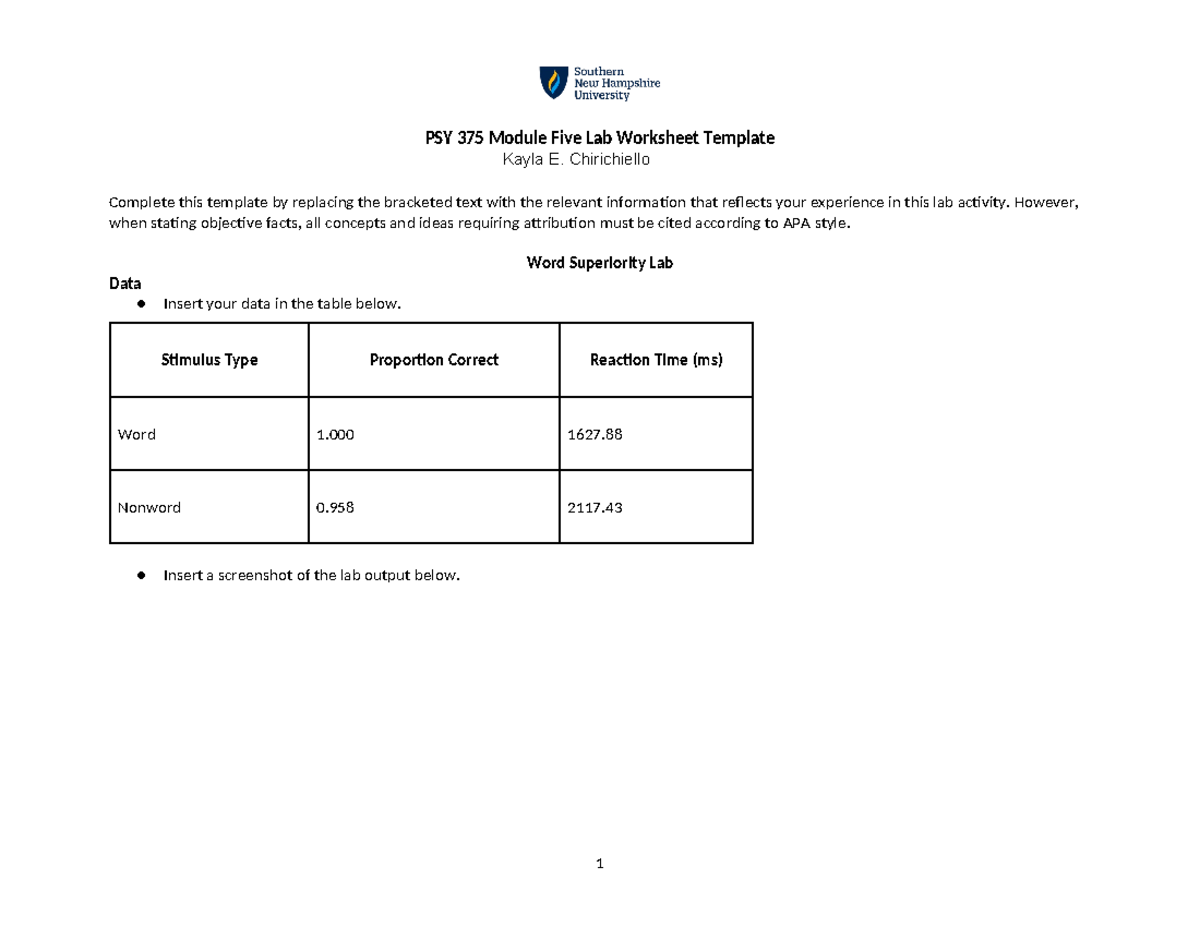 PSY 375 Module Five Lab Worksheet Template- K. Chirichiello - PSY 375 ...