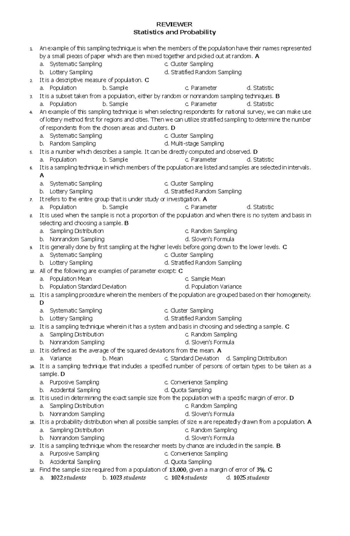 Q4 TEST Paper Stats AND PROB Reviewer - REVIEWER Statistics and ...