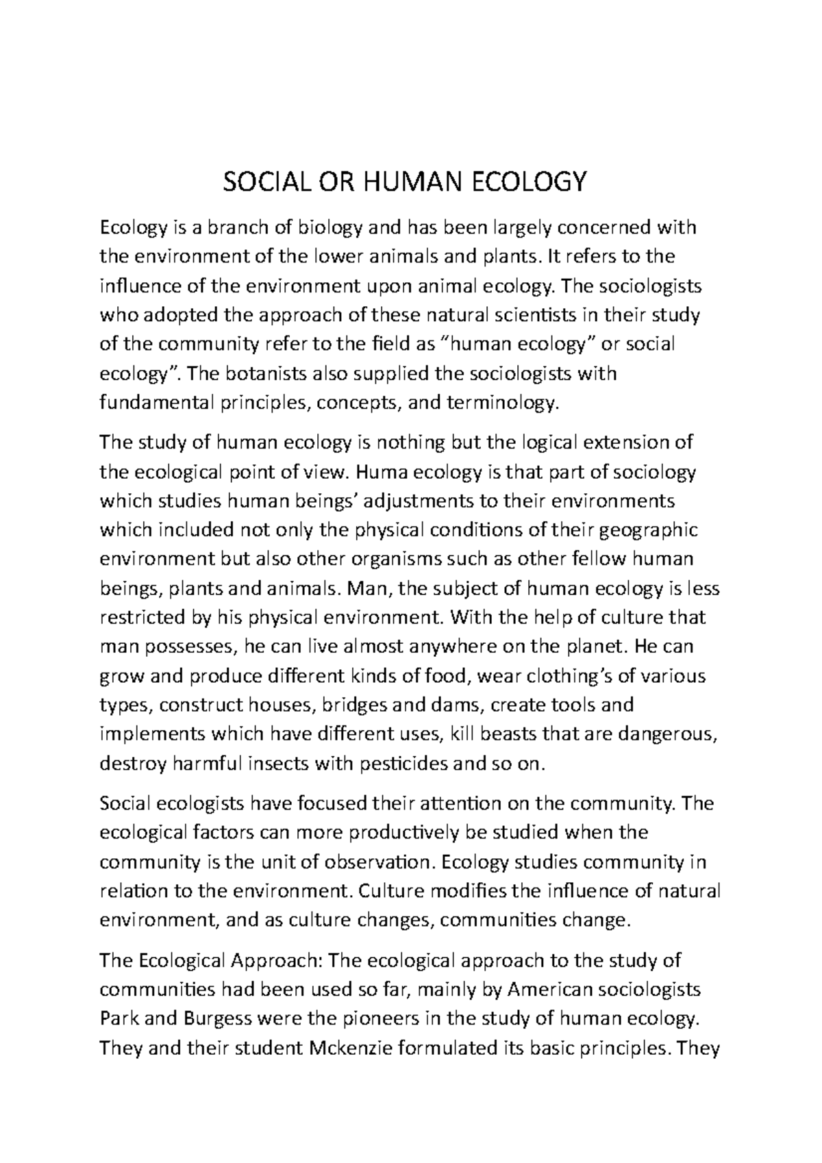 Social OR Human Ecology - SOCIAL OR HUMAN ECOLOGY Ecology Is A Branch ...