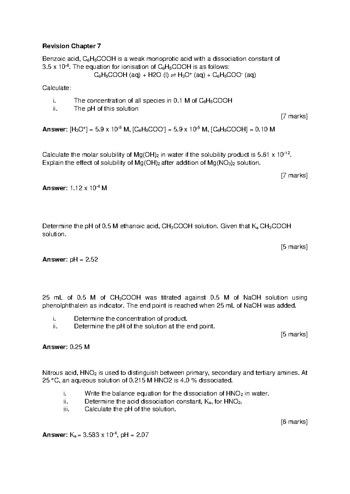 Revision Chapter 7 - The Equation For Ionisation Of C 6 H 5 Cooh Is As 