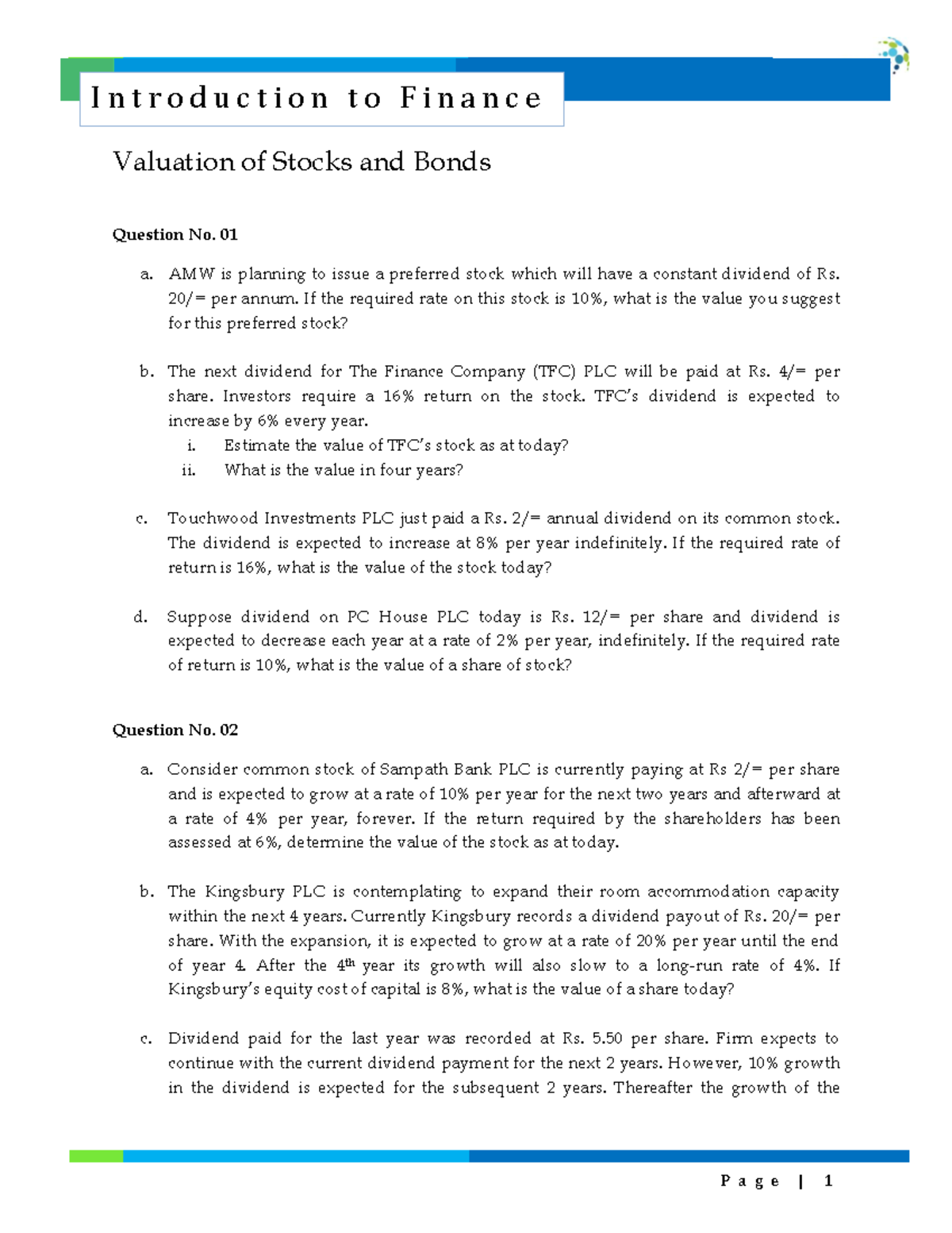 Tutorial Valuation of stocks and bonds Updated P a g e 1 Valuation