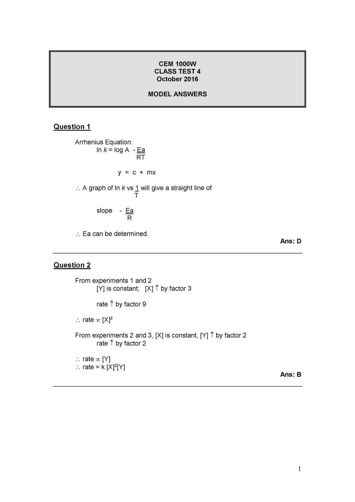 Test 4 2016, answers - CEM 1000W CLASS TEST 4 October 2016 MODEL ...