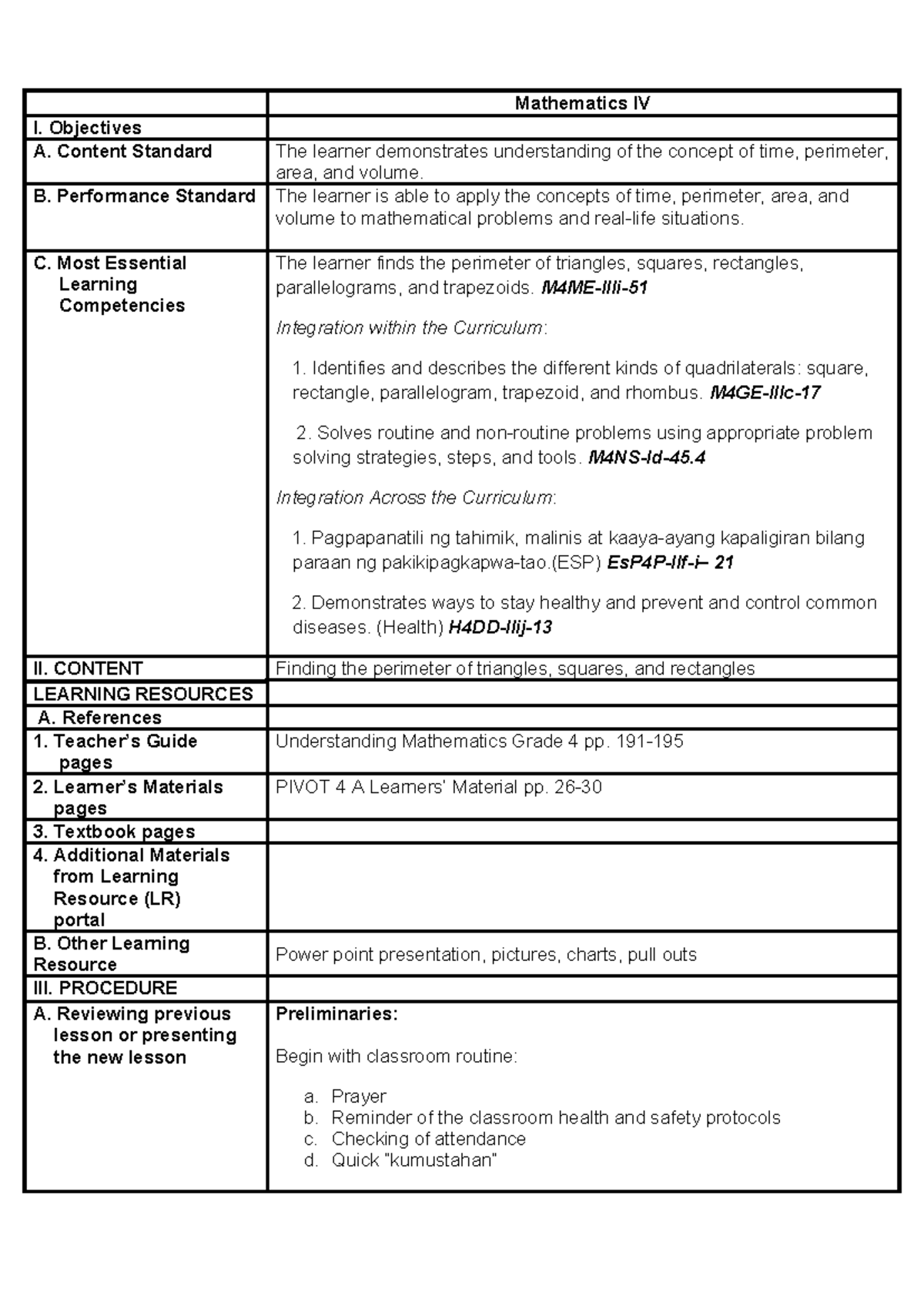 Lesson plan math - Mathematics IV I. Objectives A. Content Standard The ...