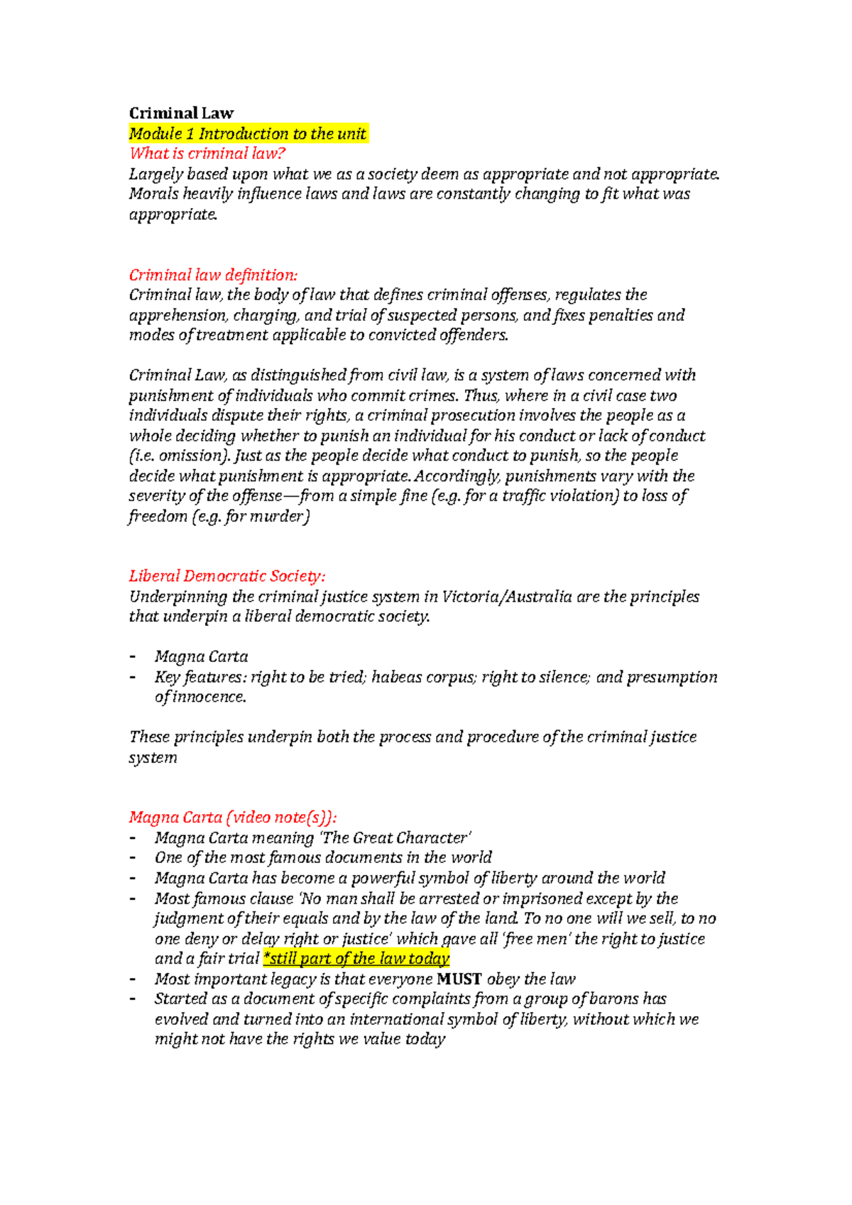 Criminal Law notes - Criminal Law Module 1 Introduction to the unit ...