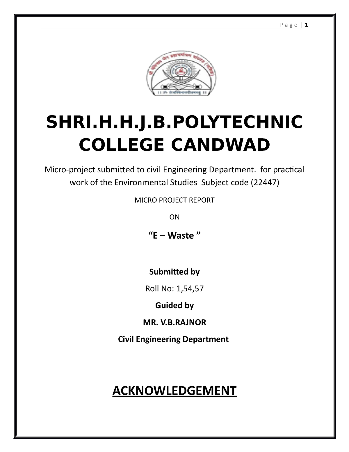 EST Microproject - SHRI.H.H.J.B COLLEGE CANDWAD Micro-project Submitted ...