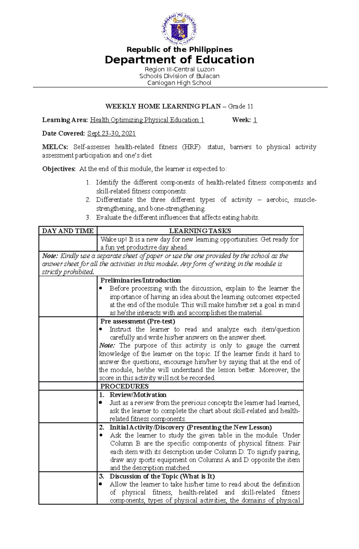 HOPE 1 WHLP Module 1 - Republic of the Philippines Department of ...