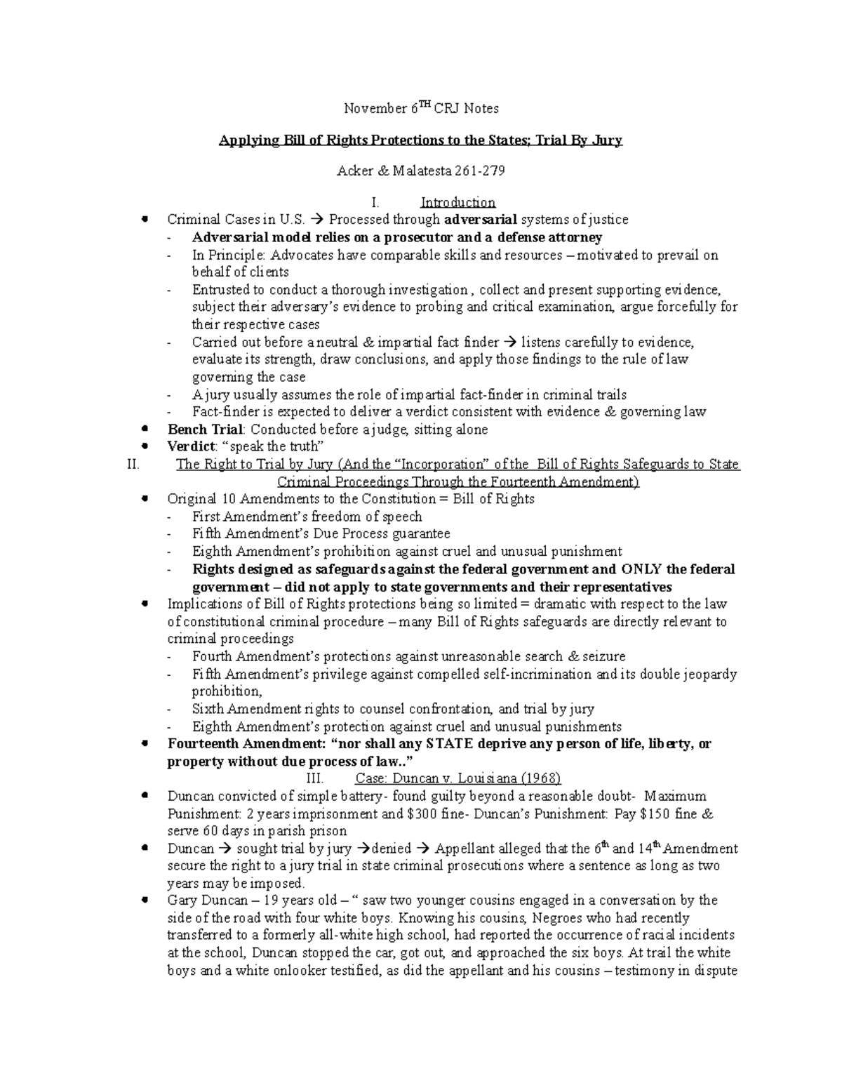 CRJ 202 Notes Applying Bill of Rights Protections to the States; Trial ...