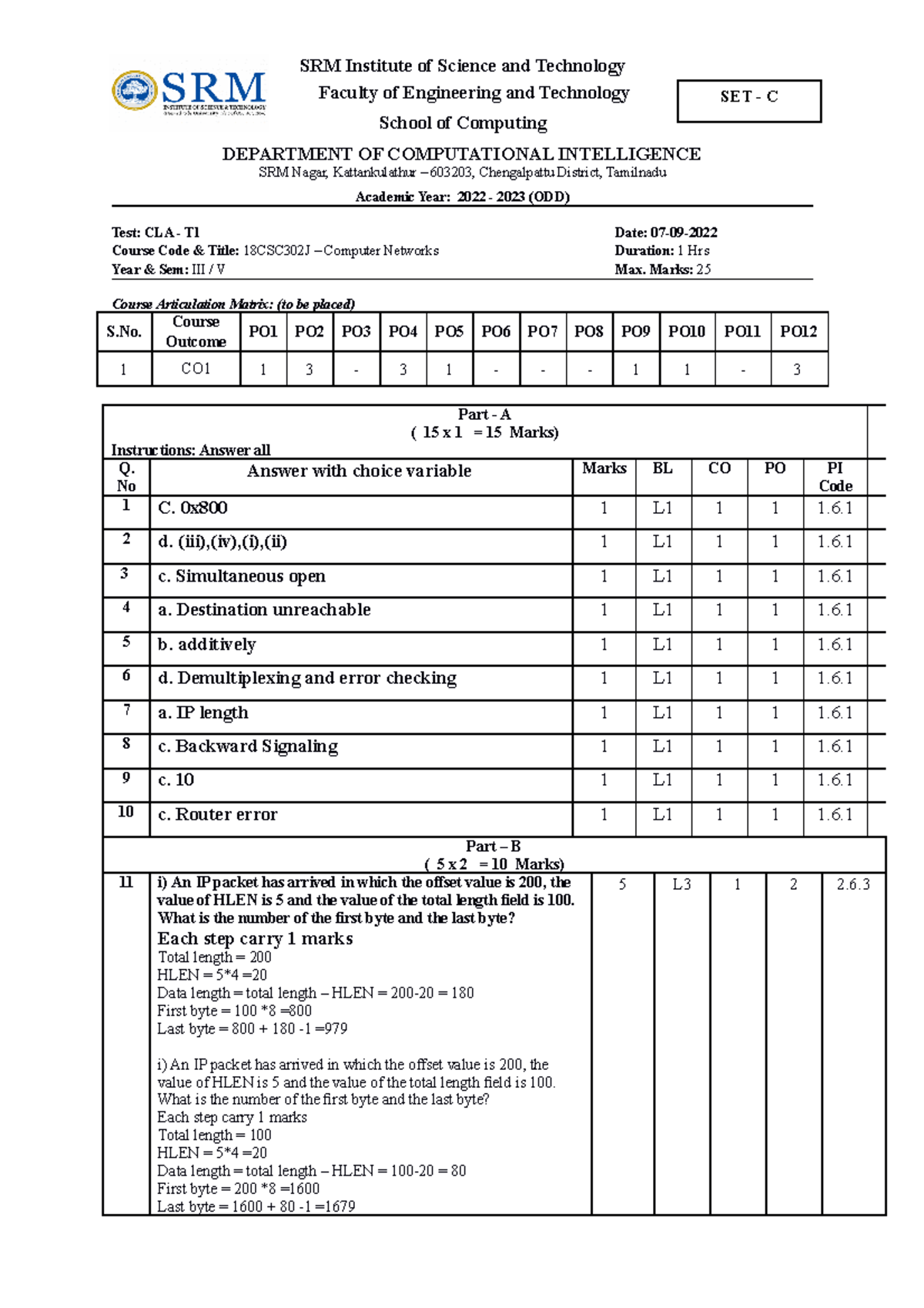 CTI-Answer Key SETC - ct1 questions papers - SRM Institute of Science ...
