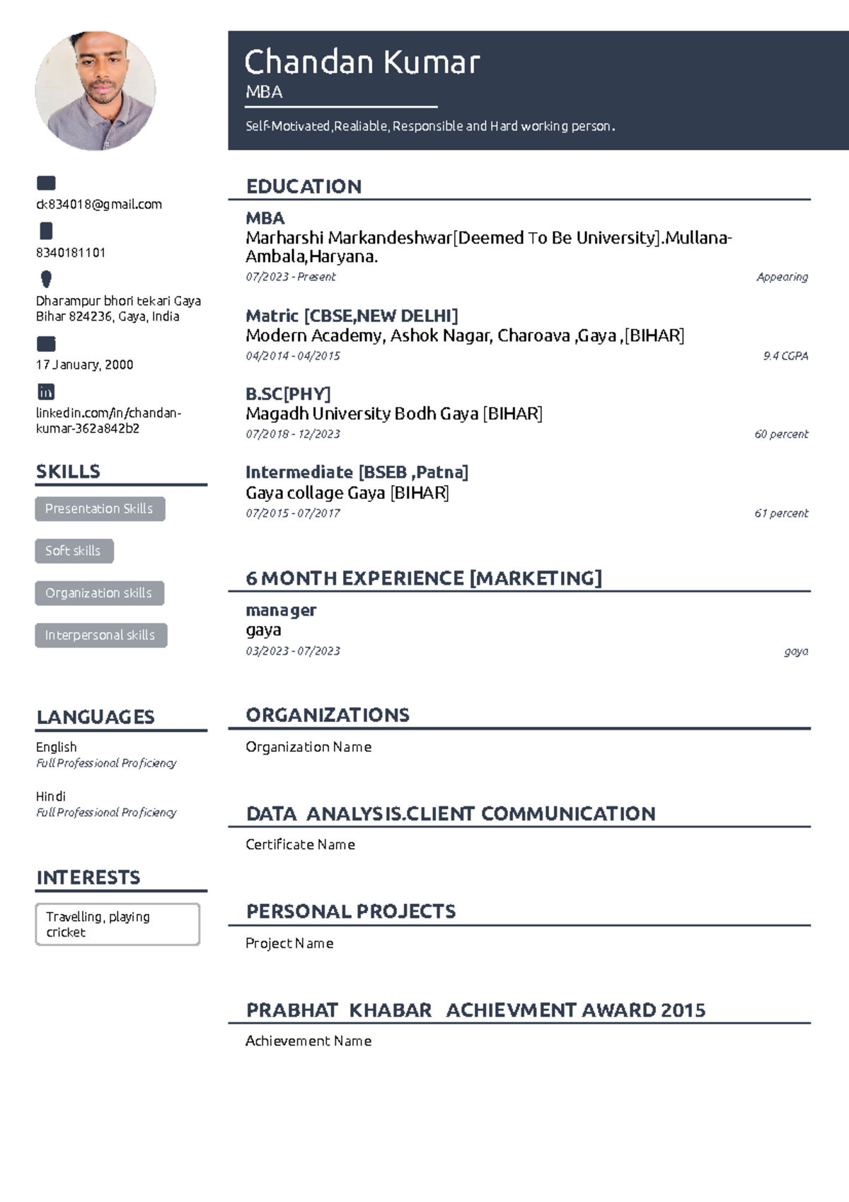 Chandan's Resume - TO do internship from v maer - Chandan Kumar MBA ...