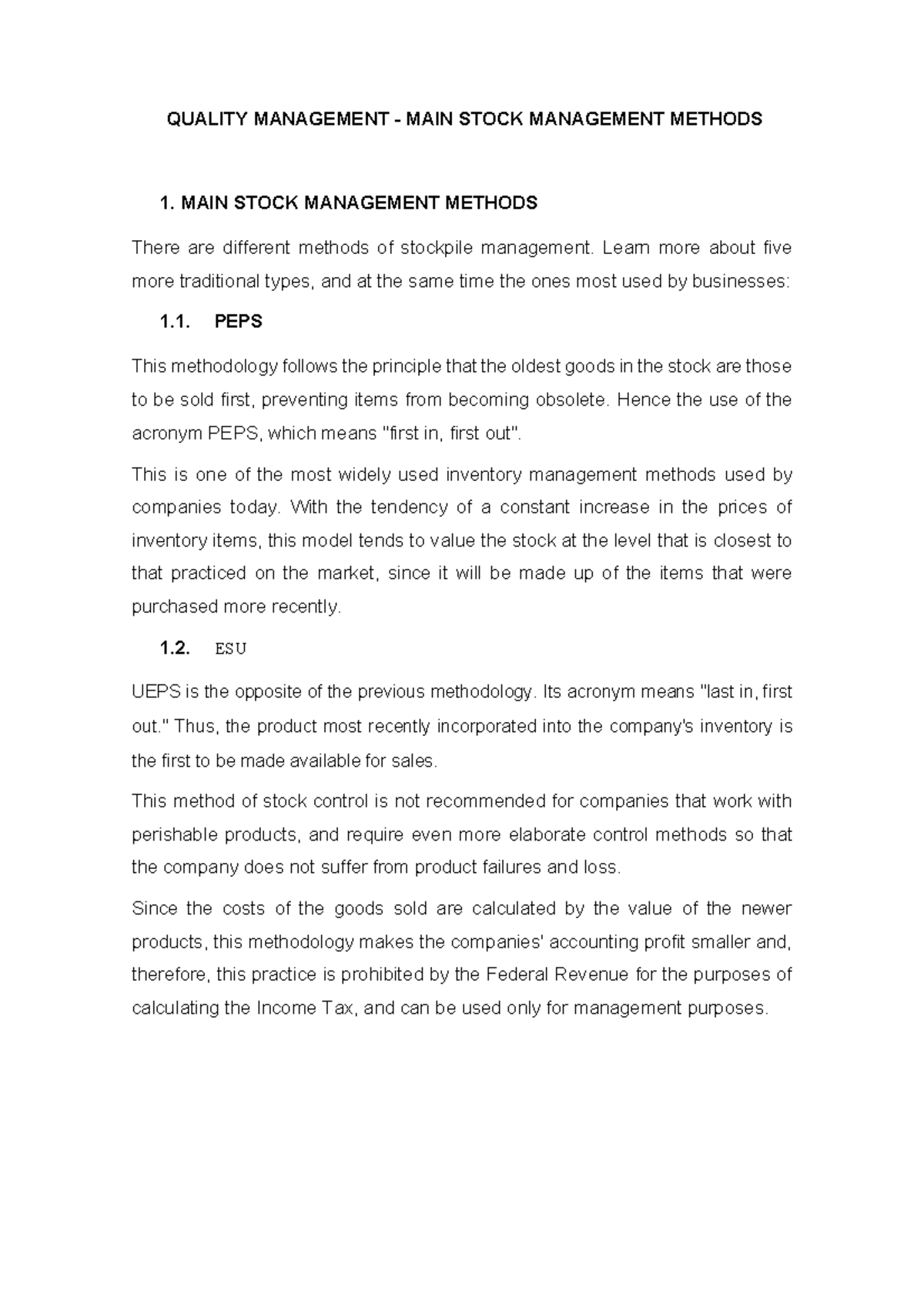 Quality Management Main stock management methods QUALITY MANAGEMENT